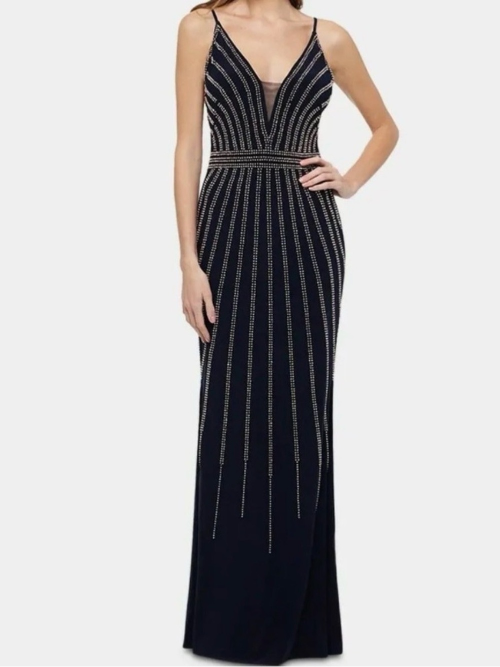 NWT Xscape Women's V-Neck Beaded Dress in Navy with Rose gold Beads sz 6 formal